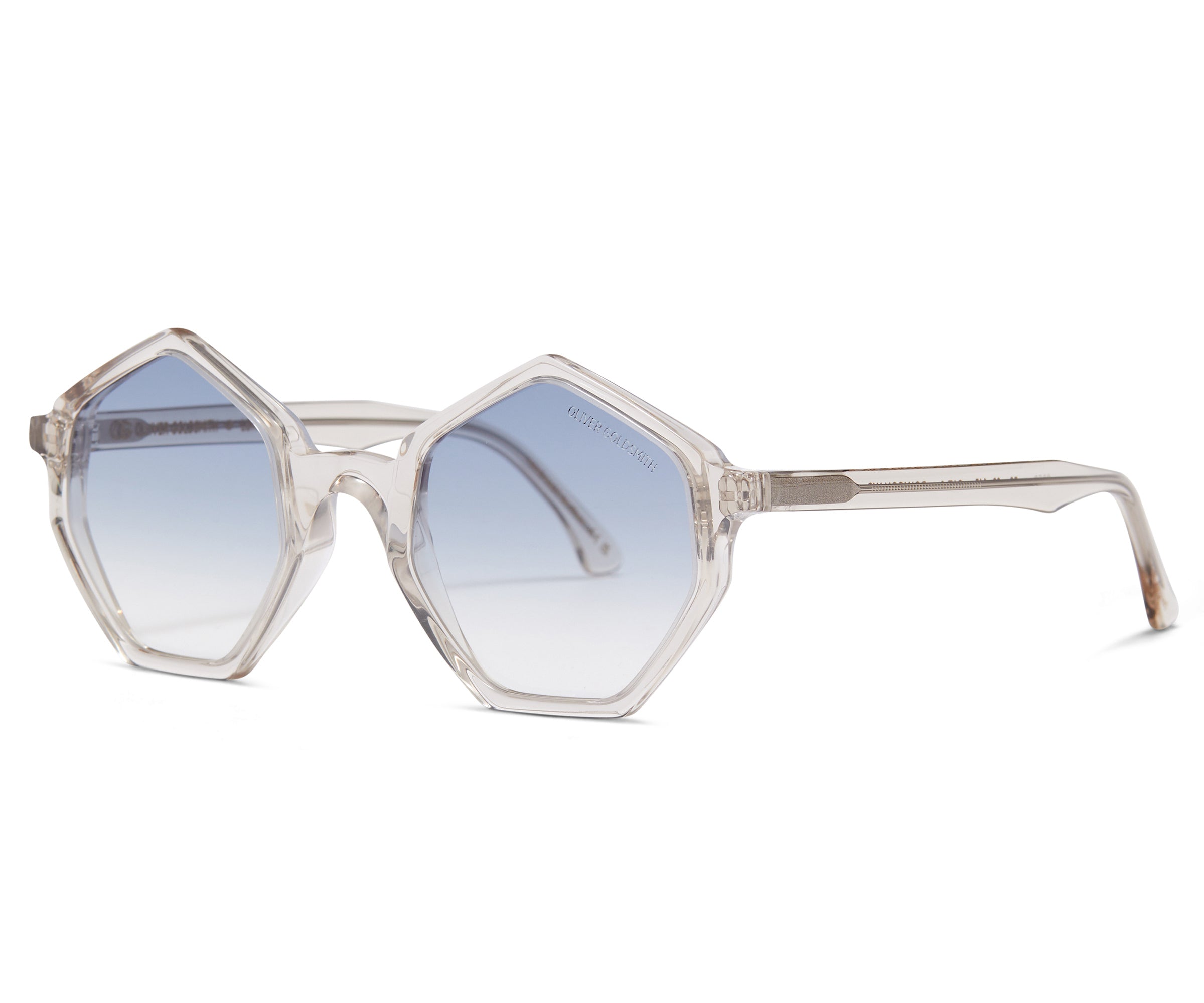 Side view of Transparent Framed Hexagon Sunglasses with light blue lens Tint