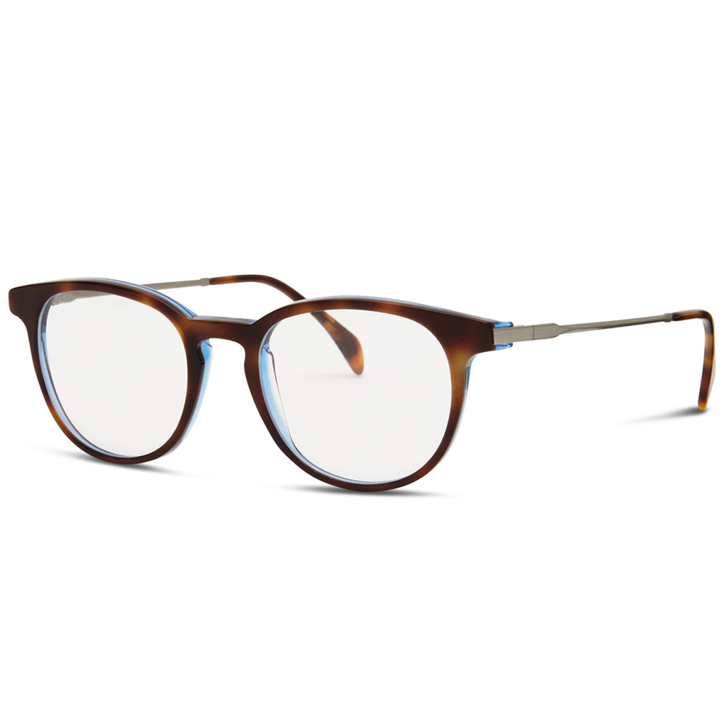 A pair of Avery glasses with a tortoise frame and blue lenses.